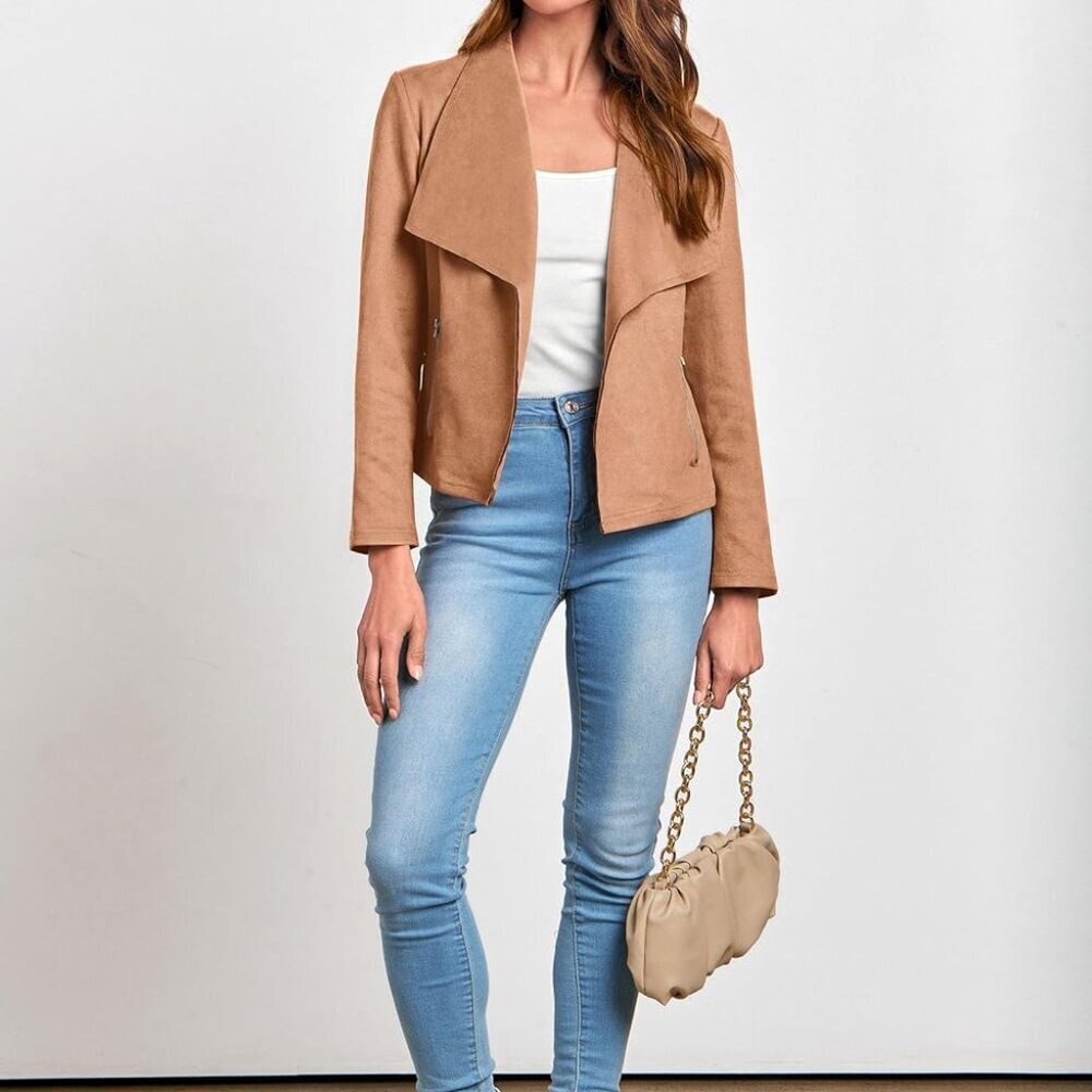 Brand New Women's Faux Suede Cropped Jacket in Camel, Size Small, Trendy Fall Fa - Picture 7 of 9